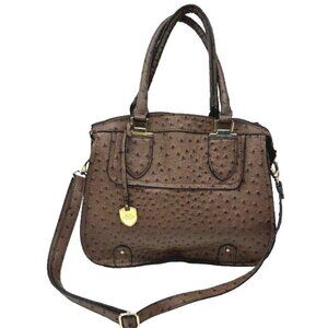 London Fog Ostrich-Embossed Brown Satchel Bag With Adjustable Strap & Dual Handl